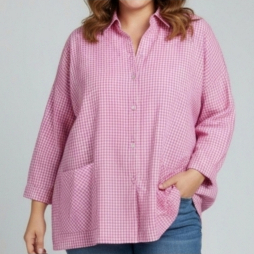 Christopher Calvin Gingham Button Up Top Textured Lagenlook Pink Coastal NWT